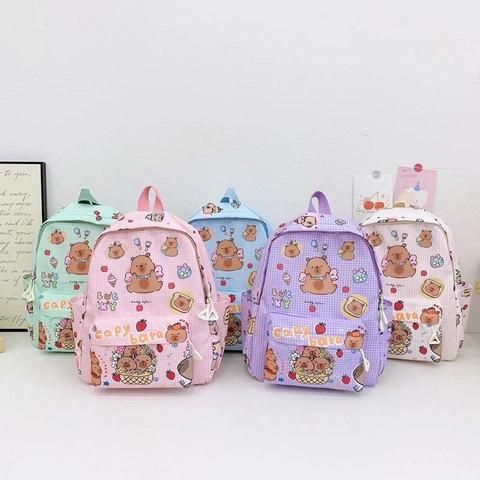 Kids Backpack Nylon Lightweight Printed Capybara Cartoon Gingham Grid Daypack For Kindergarten Boys Girls