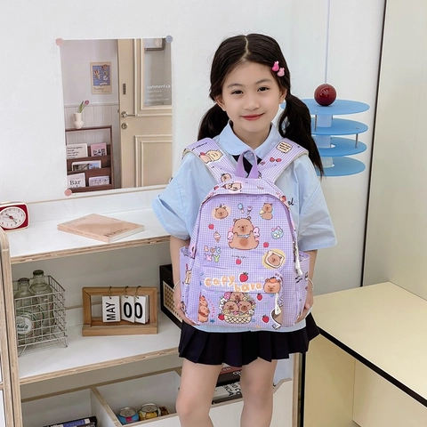 Kids Backpack Nylon Lightweight Printed Capybara Cartoon Gingham Grid Daypack For Kindergarten Boys Girls