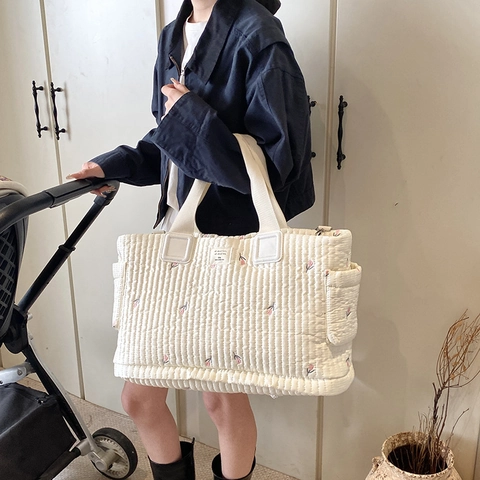 Quilted Cotton Diaper Bag Large Capacity Tote For Mommy Travel Shoulder Bag Floral Bear Embroidery