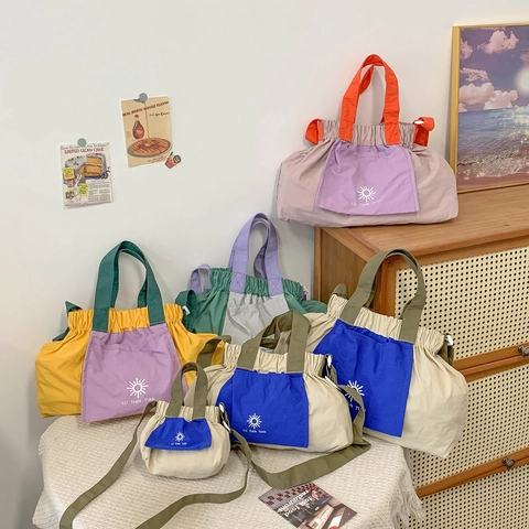 Kids Shoulder Bag Nylon Color Contrast Pleated Design Drawstring Large Capacity Crossbody Handbag For Boys Girls