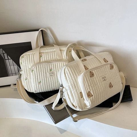 Borsa A Spalla In Nylon Trapuntato Grande Capacità Ricamo Orso Tulipano Portapannolini Madre Bambino Borsa A Mano Casual