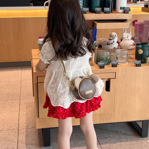 Mini Bolso De Hombro Redondo De Oso Cuero PU Orejas De Dibujos Animados Bloque De Color Para Niños