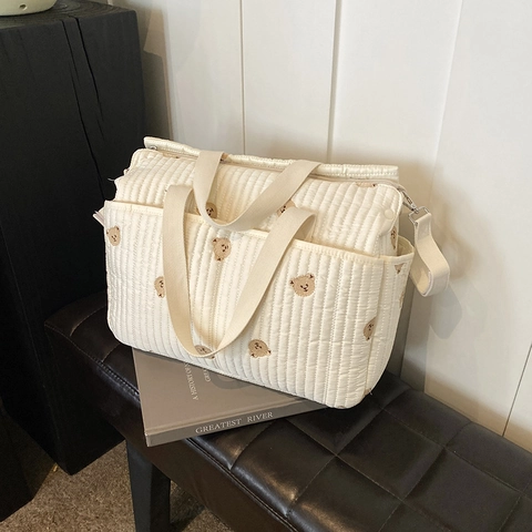 Quilted Diaper Bag Large Capacity Shoulder Tote For Mothers Travel Stroller Hanging Bear Tulip Embroidery Fabric
