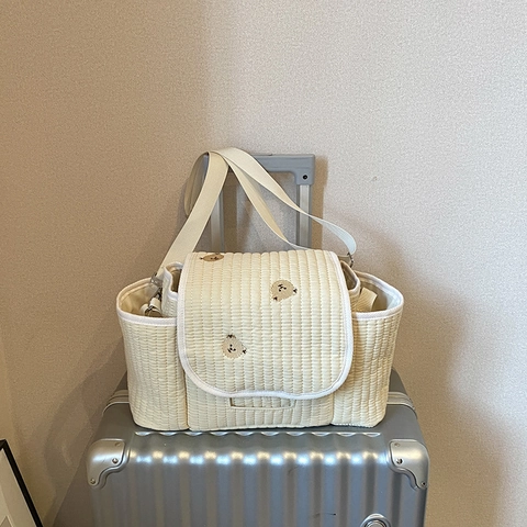 Sac À Langer Matelassé Organisateur De Poussette Broderie Ours Grande Capacité Sac À Bandoulière Pour Articles De Bébé