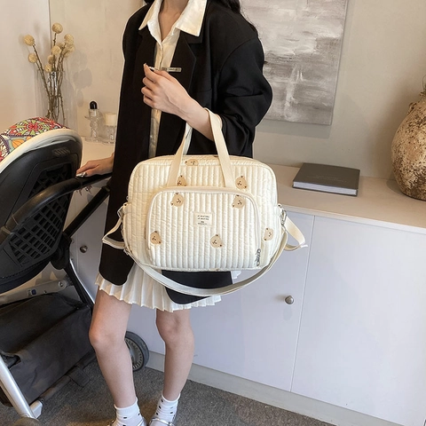 Borsa A Spalla In Nylon Trapuntato Grande Capacità Ricamo Orso Tulipano Portapannolini Madre Bambino Borsa A Mano Casual