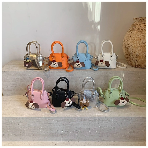 Kids Girls Mini Handbag Pu Leather Litchi Texture Crossbody Bag Cute Cartoon Dog Charm Solid Color Toddler Shoulder Bag