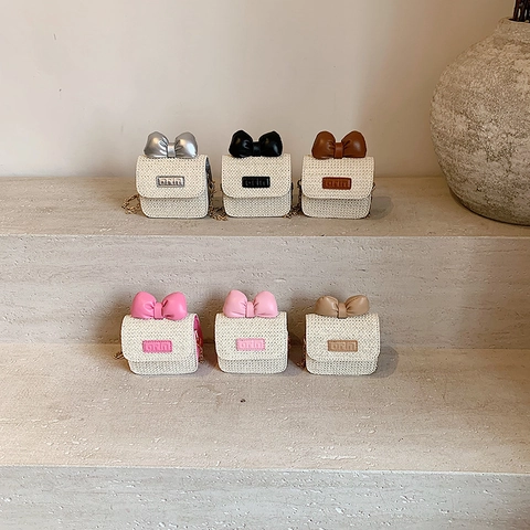 Kinder Mini Stro Geweven Schoudertas Met PU Strik Decor Metalen Ketting Schattige Zomer Crossbody Tas