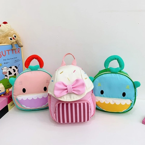 Nylon Kids Cartoon Backpack Cute Shark And Bow Design Lightweight Breathable School Bag For Toddlers Kindergarten
