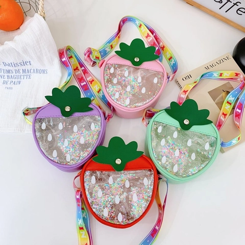 Kinder Aardbei Schoudertas Transparant Pailletten Shaker Fruit PU Leer Tasje Met Regenboog Letter Riem