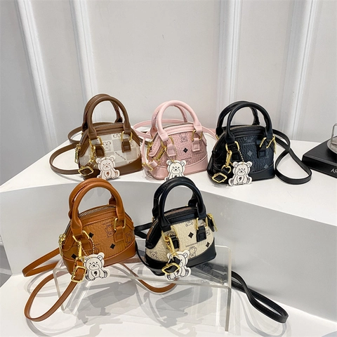 Mini Kids Shoulder Bag PU Leather Cute Bear Print Handbag With Charm For Toddler Girls Boys