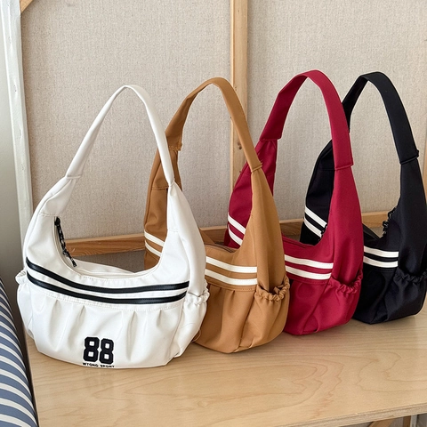 Nylon Schoudertas Voor Kinderen Grote Capaciteit Crossbodytas Hobo Sportief Strepen Nummer Print Trendy Voor Jongens Meisjes