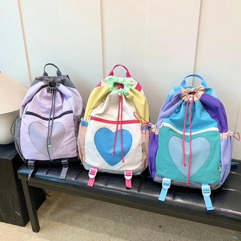 Trendy Contrast Color Nylon Backpack Heart Mesh Pocket Drawstring Closure Large Capacity Travel Schoolbag For Women