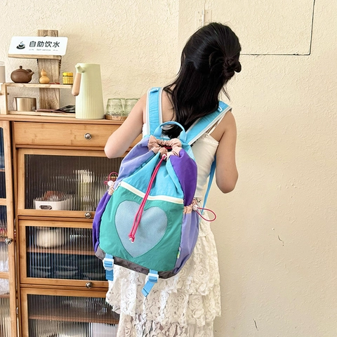 Trendy Contrast Color Nylon Backpack Heart Mesh Pocket Drawstring Closure Large Capacity Travel Schoolbag For Women