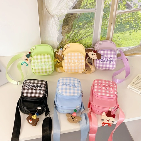 Cute Kids Mini Crossbody Bag PU Leather Plaid Pattern With Animal Plush Pendant Cartoon Shoulder Bag