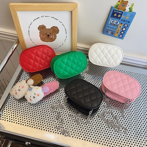 Kinder Mini Crossbody Tas PU Leer Doorgestikt Ruitvormig Ovaal Zilveren Ketting Chique Trendy Schoudertas Peuters