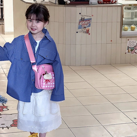 Cute Kids Mini Crossbody Bag PU Leather Plaid Pattern With Animal Plush Pendant Cartoon Shoulder Bag