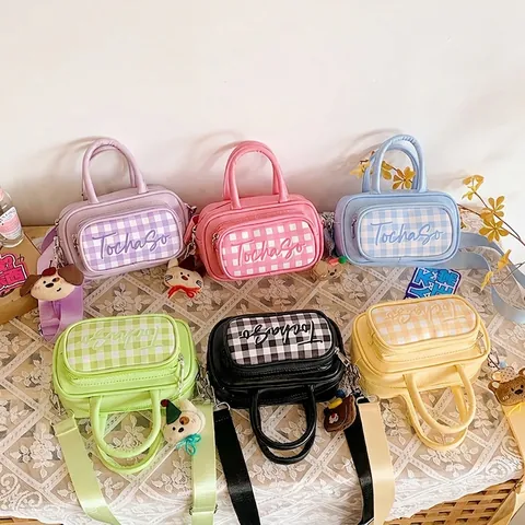 Kids Shoulder Bag PU Leather Plaid Checkerboard Handheld Crossbody Macaron Color Boys Girls Plush Animal Pendant