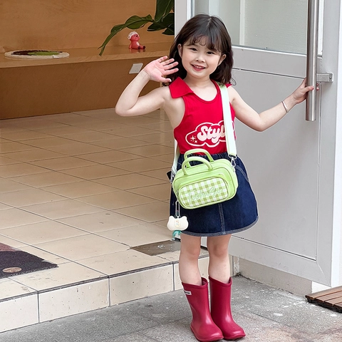 Kids Shoulder Bag PU Leather Plaid Checkerboard Handheld Crossbody Macaron Color Boys Girls Plush Animal Pendant