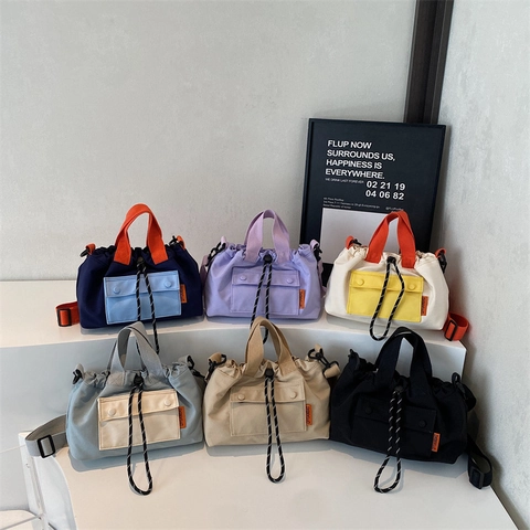 Women Canvas Bucket Bag With Drawstring Closure Adjustable Strap Casual Commuting Contrast Color Handbag Shoulder Bag