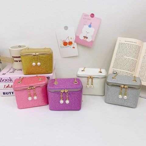Kids Mini Crossbody Bag Glitter PU Leather Artificial Pearl Chain Shoulder Bag Box Shape Solid Color For Girls