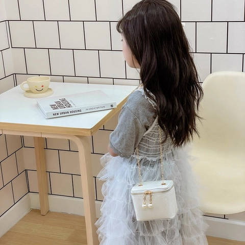Kids Mini Crossbody Bag Glitter PU Leather Artificial Pearl Chain Shoulder Bag Box Shape Solid Color For Girls