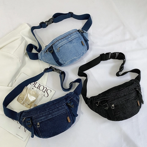 Marsupio In Denim Da Donna Grande Capacità Borsa Da Petto In Denim Lavato Tracolla Regolabile Streetwear