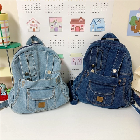 Damen Rucksack Aus Gewaschenem Denim Mit Großer Kapazität Trendiger Lässiger Street Style Schulranzen Mit Mehreren Taschen