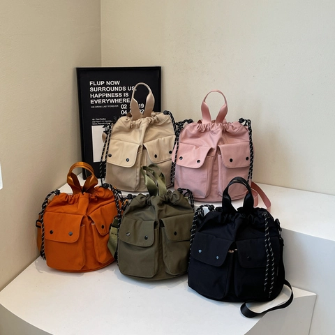 Sac Seau En Toile Plusieurs Poches Cordon Grande Capacité Sac À Épaule Bandoulière Style Sportif Décontracté