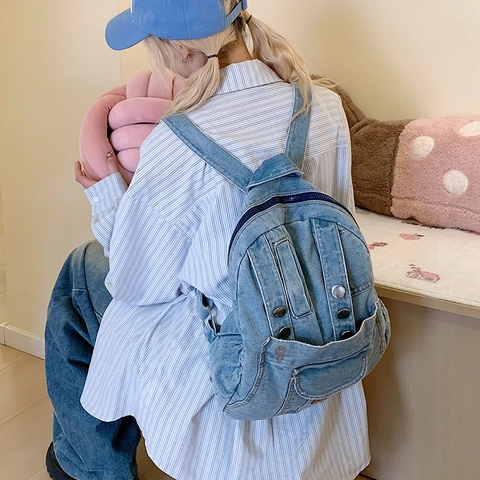 Damen Rucksack Aus Gewaschenem Denim Mit Großer Kapazität Trendiger Lässiger Street Style Schulranzen Mit Mehreren Taschen