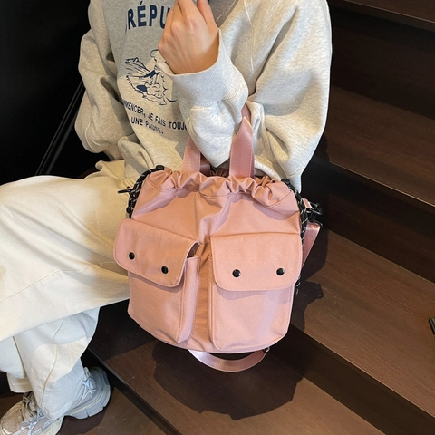 Sac Seau En Toile Plusieurs Poches Cordon Grande Capacité Sac À Épaule Bandoulière Style Sportif Décontracté