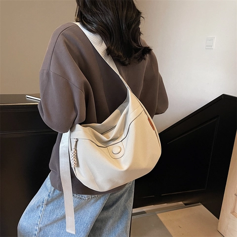 Canvas Hobo Bag Women Large Capacity Shoulder Crossbody Bag Minimalist Solid Color Dumpling Bag With Braided Zipper Pull