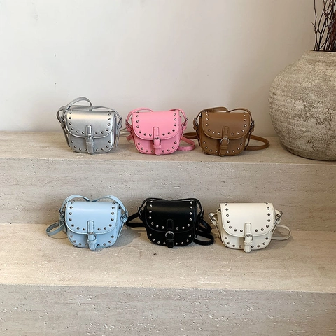 Women Fashion Mini Rivet Saddle Bag PU Leather Crossbody Shoulder Bag With Silver Studs Small Satchel Purse For Daily Use