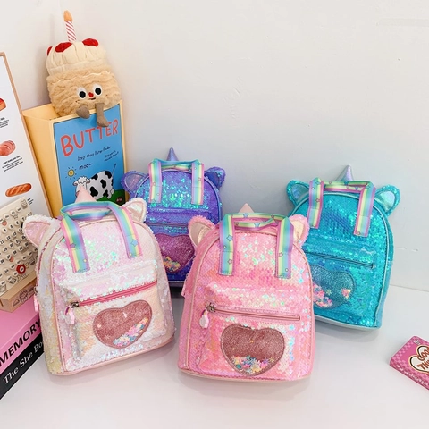 Kids Sequin Unicorn Backpack PU Leather Heart Quicksand Rainbow Straps Toddler Girls Preschool School Bag