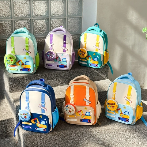 Kids Backpack Oxford Fabric Cartoon Excavator Digger School Bag Contrast Color Boys Girls With Circular Hanging Purse