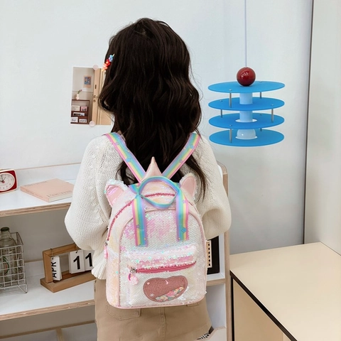 Kids Sequin Unicorn Backpack PU Leather Heart Quicksand Rainbow Straps Toddler Girls Preschool School Bag