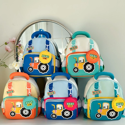 Kinder Rucksack Oxford Stoff Cartoon Traktor Muster Color Block Atmungsaktive Schultasche Für Kleinkinder Mit Mini Rundbeutel