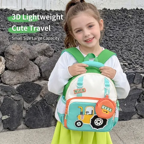 Kinder Rucksack Oxford Stoff Cartoon Traktor Muster Color Block Atmungsaktive Schultasche Für Kleinkinder Mit Mini Rundbeutel