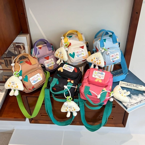 Kids Heart Print Crossbody Bag Canvas Small Square Shoulder Purse With Adjustable Strap And Plush Pendant For Boys Girls