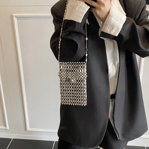 Handmade Silver Metal Beaded Crossbody Bag Women Minimalist Woven Mini Shoulder Mobile Phone Purse Fashion