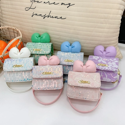 Mini Crossbody Bag For Girls Tweed Sequin Lace Bowknot Princess Shoulder Bag With Gold Chain Strap Love Clasp