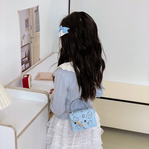 Kids Mini Shoulder Bag PU Leather Cartoon Bear Print Cute Crossbody Handbag With Metal Chain For Girls