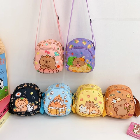Borsa Tracolla Bambini Nylon Cartone Animato Capibara Orso Stampa Tracolla Regolabile Mini Borsello Spalla Casual