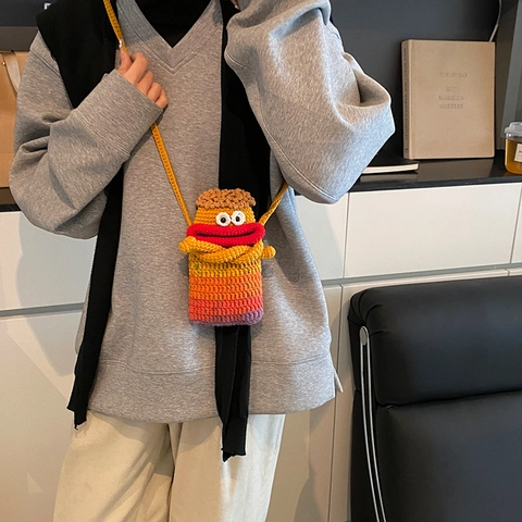 Handmade Crochet Cartoon Monster Phone Bag Gradient Color Knit Crossbody Pouch Ugly Cute Funny Casual Women Small Bag