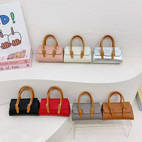 Kids Mini Handbag Crossbody Bag PU Leather Litchi Texture Adjustable Strap Contrast Color Handle Girls Fashion