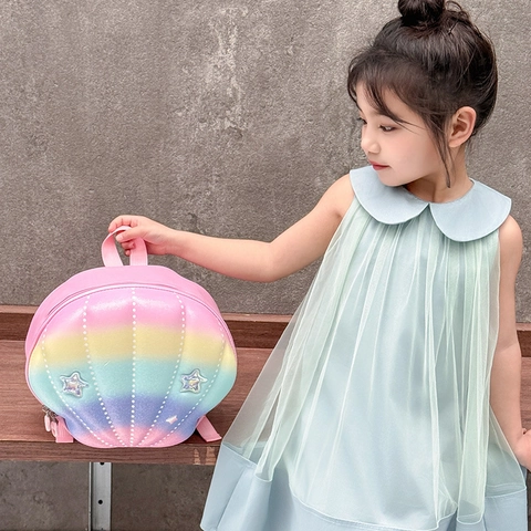 Shell Shaped Kids Backpack Rainbow Gradient Waterproof Oxford EVA Sequin Star School Bag For Kindergarten Girls