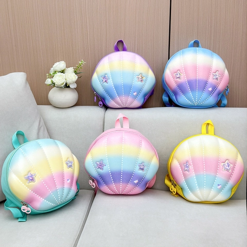 Shell Shaped Kids Backpack Rainbow Gradient Waterproof Oxford EVA Sequin Star School Bag For Kindergarten Girls