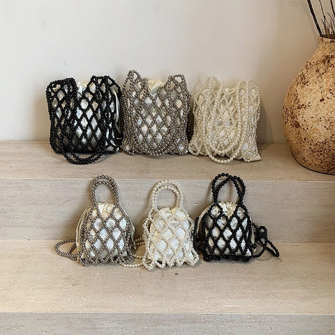 Handgefertigte Perlen-Umhängetasche Gewebte Netz-Handtasche Mit Satin-Kordelzug-Beutel Vintage-Elegant Für Damen Mode