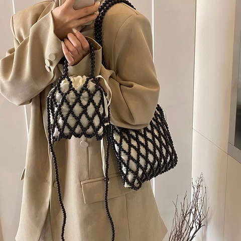 Handgefertigte Perlen-Umhängetasche Gewebte Netz-Handtasche Mit Satin-Kordelzug-Beutel Vintage-Elegant Für Damen Mode