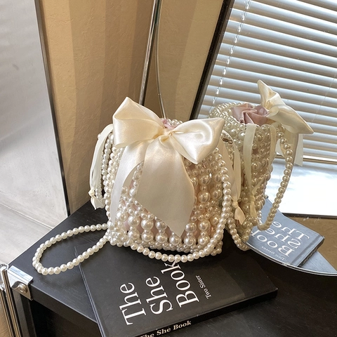 Damen Süße Künstliche Perlen Bestickte Mini Umhängetasche Mit Großer Satin Schleife Elegante Retro Handtasche