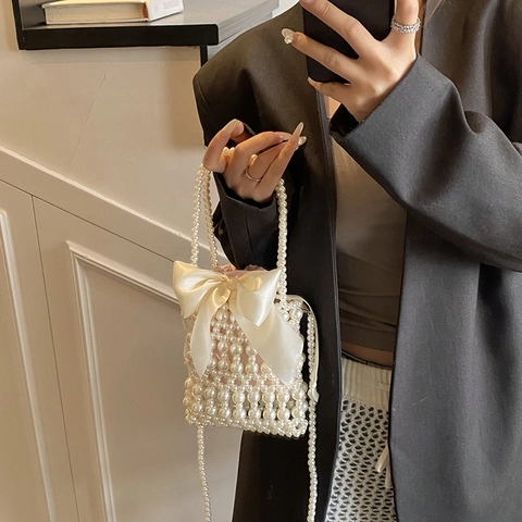 Damen Süße Künstliche Perlen Bestickte Mini Umhängetasche Mit Großer Satin Schleife Elegante Retro Handtasche